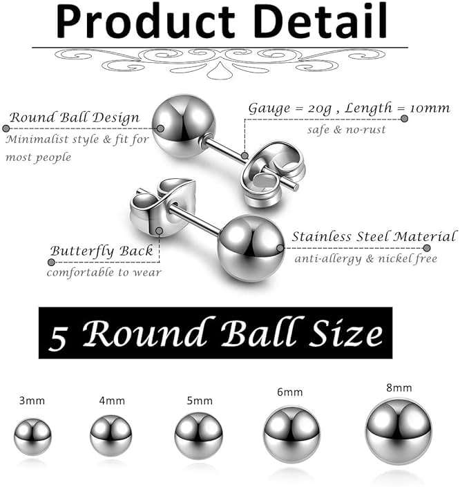 AllerPierce Hypoallergenic Ball Earrings Studs Set Stainless Steel Round Ball Studs Earrings Cartilage Earrings for Women Men 3mm-8mm（10Pcs） - Image 2