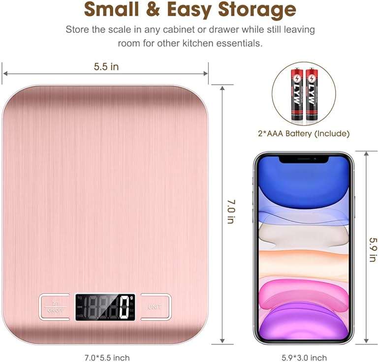 Mik-Nana Food Scale Pink, 10kg/22lb Digital Kitchen Scale Weight Grams and Oz for Baking and Cooking, 1g/0.1oz Precise Graduation, Easy Clean Stainless Steel - Image 2