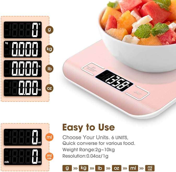 Mik-Nana Food Scale Pink, 10kg/22lb Digital Kitchen Scale Weight Grams and Oz for Baking and Cooking, 1g/0.1oz Precise Graduation, Easy Clean Stainless Steel - Image 3
