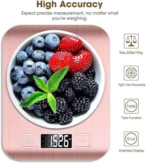 Mik-Nana Food Scale Pink, 10kg/22lb Digital Kitchen Scale Weight Grams and Oz for Baking and Cooking, 1g/0.1oz Precise Graduation, Easy Clean Stainless Steel - Image 4