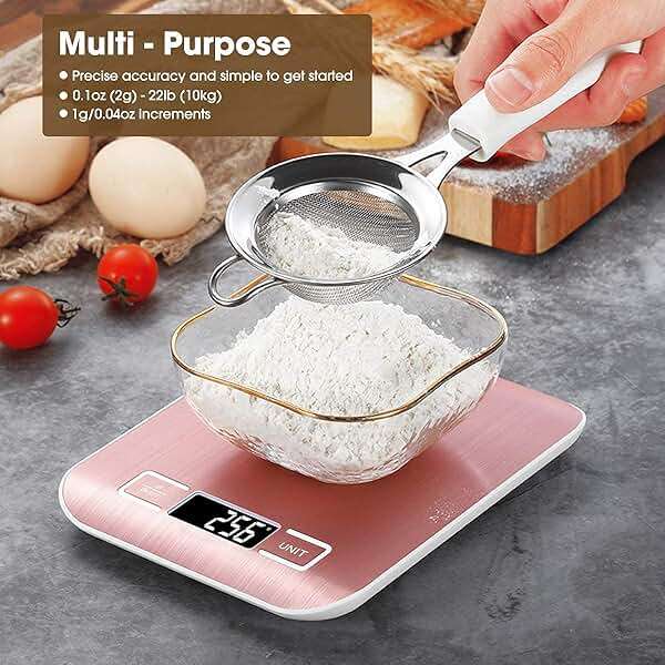 Mik-Nana Food Scale Pink, 10kg/22lb Digital Kitchen Scale Weight Grams and Oz for Baking and Cooking, 1g/0.1oz Precise Graduation, Easy Clean Stainless Steel - Image 6