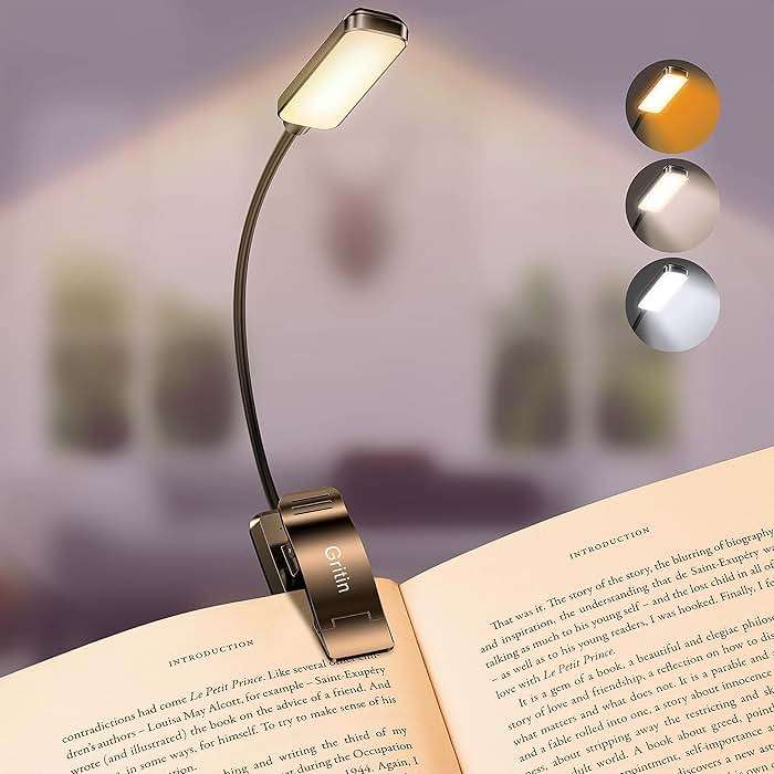 Gritin 9 LED Rechargeable Book Light for Reading in Bed - Eye Caring 3 Color Temperatures,Stepless Dimming Brightness,80 Hrs Runtime Small Lightweight Clip On Book Reading Light for Studying - Image 1
