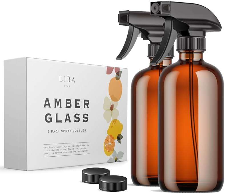 LiBa Amber Glass Spray Bottles 2 Pack, 16 oz Refillable Empty Spray Bottle for Cleaning, Essential Oils, Hair, Plants, Adjustable Nozzle for Squirt and Mist, Bleach/Vinegar/Rubbing Alcohol Safe - Image 1
