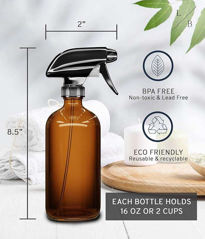 LiBa Amber Glass Spray Bottles 2 Pack, 16 oz Refillable Empty Spray Bottle for Cleaning, Essential Oils, Hair, Plants, Adjustable Nozzle for Squirt and Mist, Bleach/Vinegar/Rubbing Alcohol Safe - Image 2