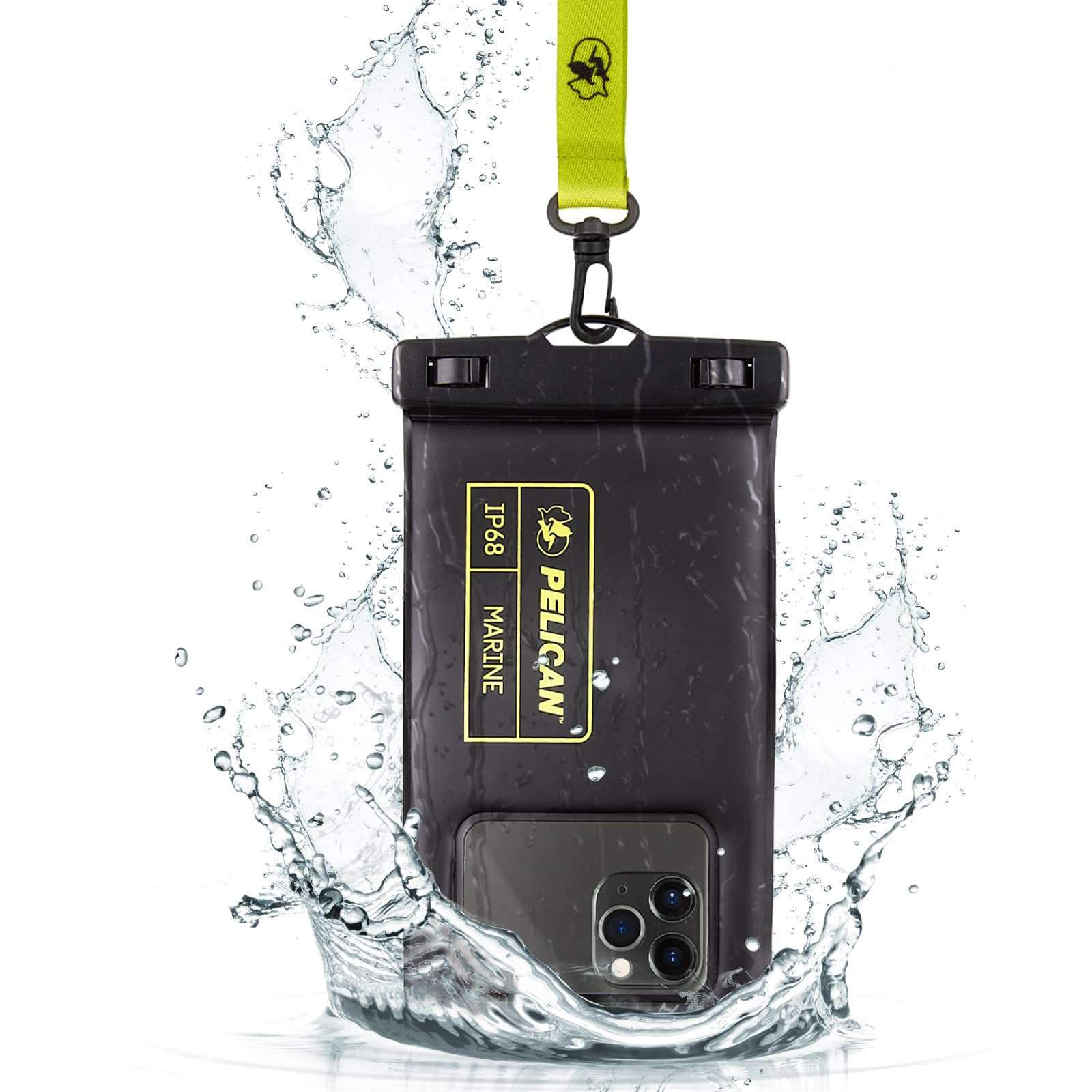 Pelican Marine - IP68 Waterproof Phone Pouch (Regular Size) Floating Waterproof Phone Case - Beach Cruise Ship Travel Essentials - Works with All Phones - Detachable Lanyard - Black/Hi-Vis Yellow - Image 1