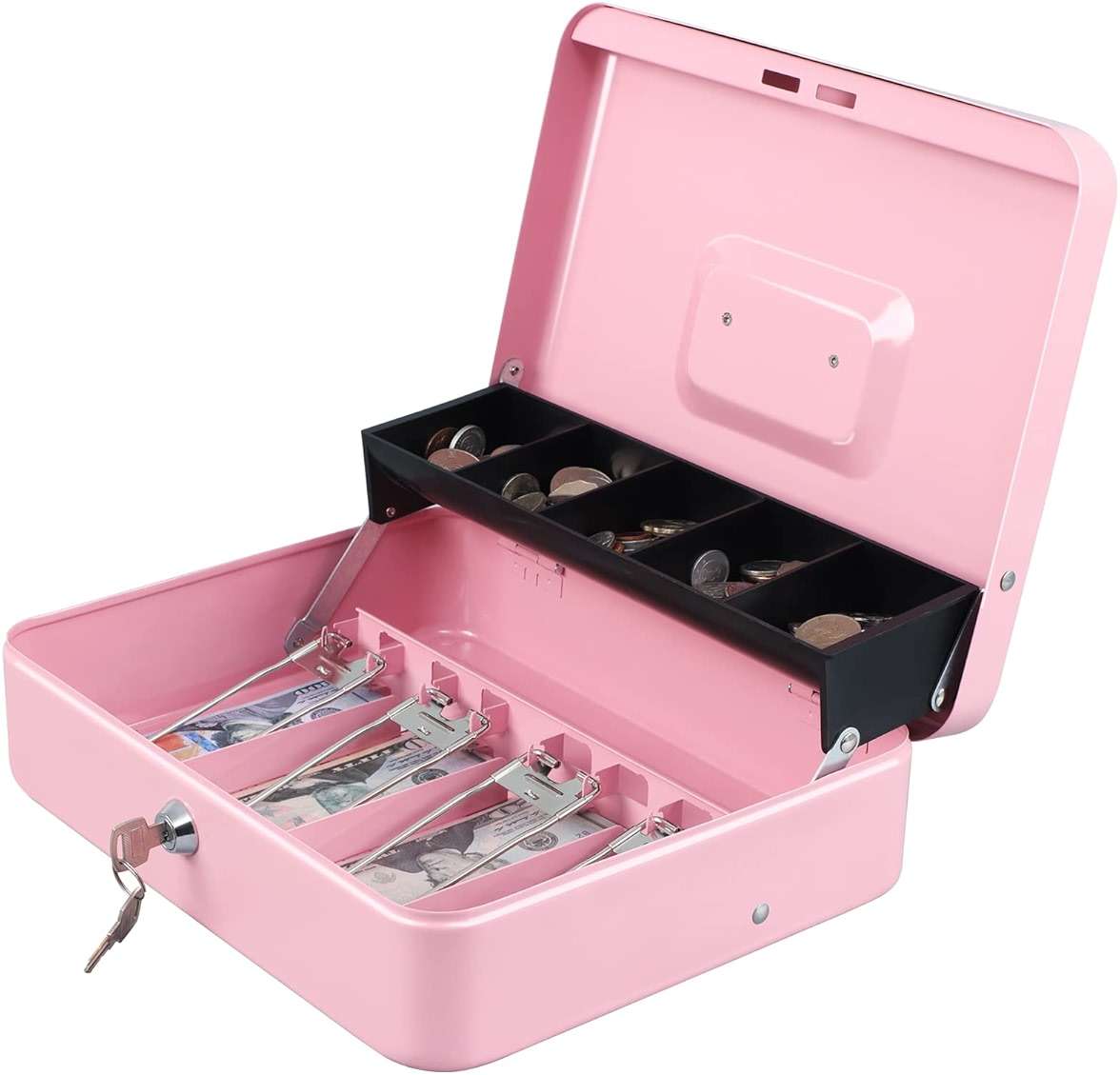 xydled Cash Box with Money Tray and Key Lock,Tiered, Cantilever Design,4 Bill / 5 Coin Slots,11.8" x 9.5" x 3.5",Pink - Image 1