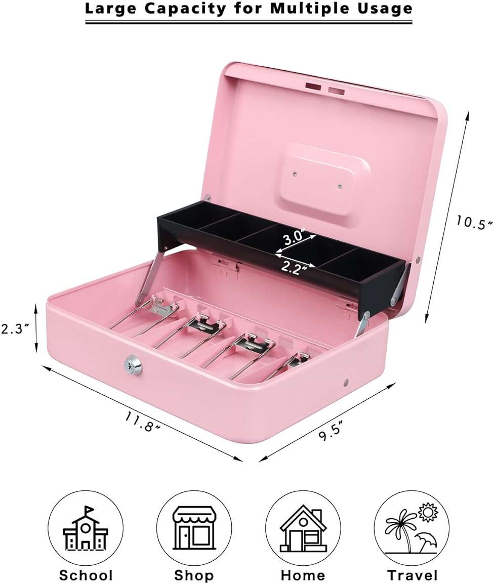 xydled Cash Box with Money Tray and Key Lock,Tiered, Cantilever Design,4 Bill / 5 Coin Slots,11.8" x 9.5" x 3.5",Pink - Image 3