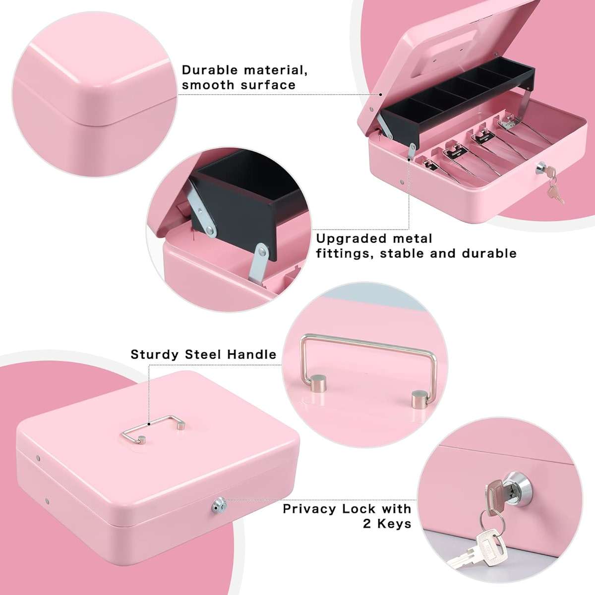 xydled Cash Box with Money Tray and Key Lock,Tiered, Cantilever Design,4 Bill / 5 Coin Slots,11.8" x 9.5" x 3.5",Pink - Image 4