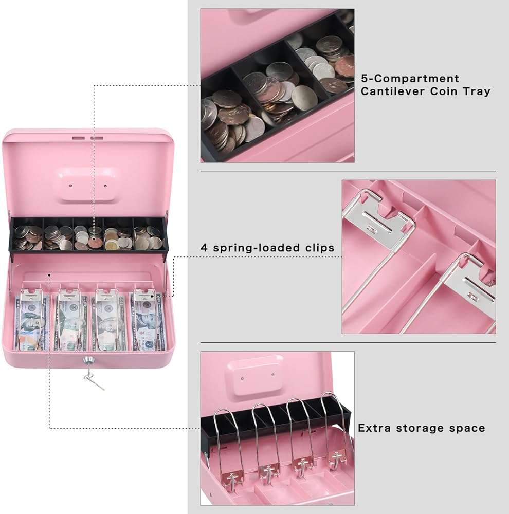 xydled Cash Box with Money Tray and Key Lock,Tiered, Cantilever Design,4 Bill / 5 Coin Slots,11.8" x 9.5" x 3.5",Pink - Image 5