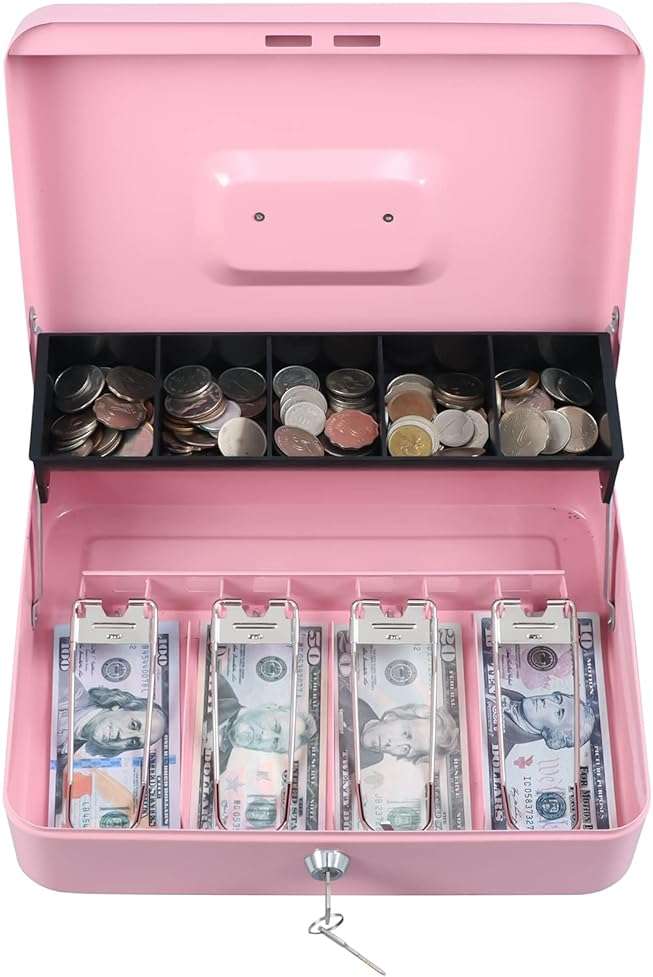xydled Cash Box with Money Tray and Key Lock,Tiered, Cantilever Design,4 Bill / 5 Coin Slots,11.8" x 9.5" x 3.5",Pink - Image 6