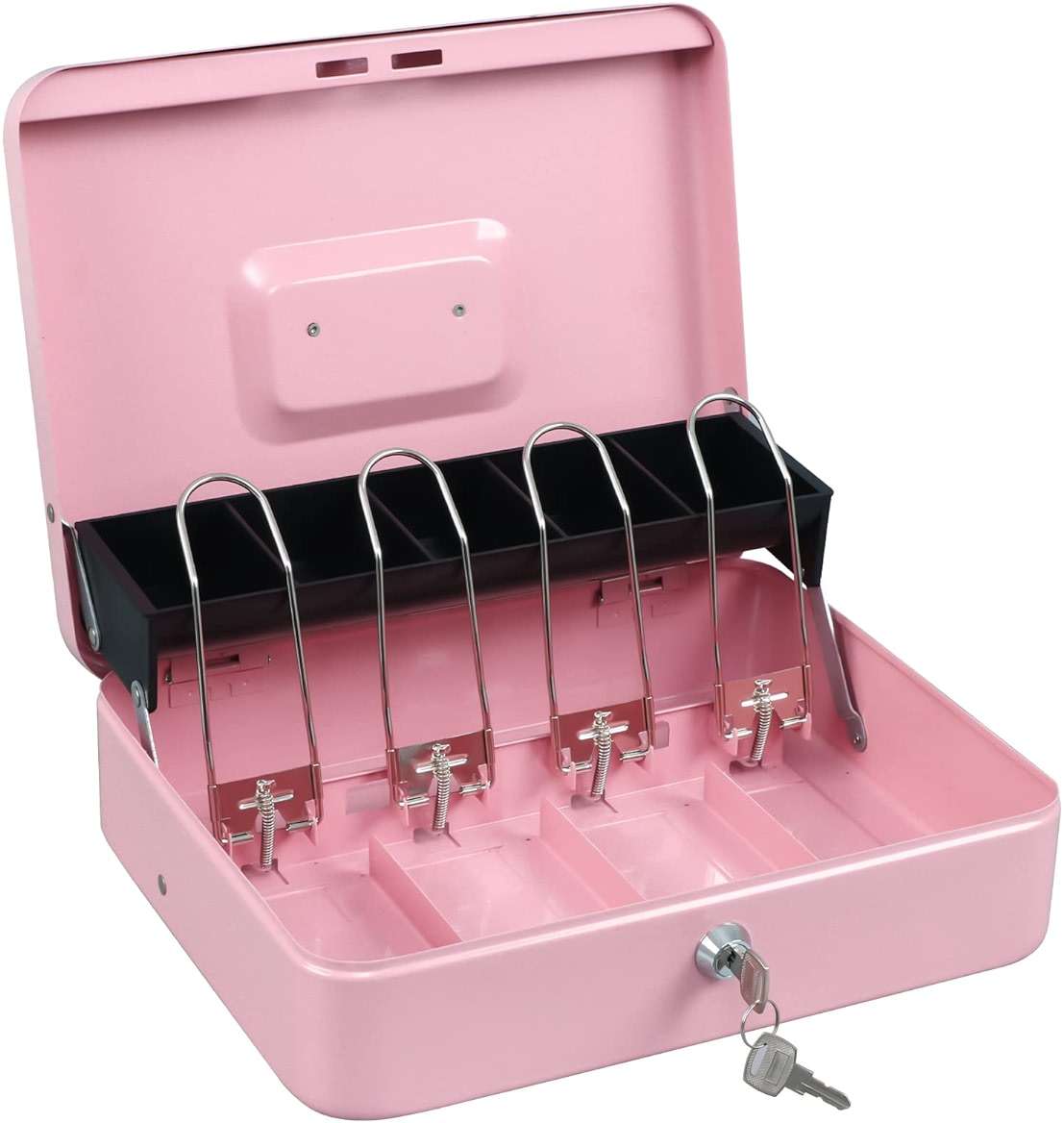 xydled Cash Box with Money Tray and Key Lock,Tiered, Cantilever Design,4 Bill / 5 Coin Slots,11.8" x 9.5" x 3.5",Pink - Image 7