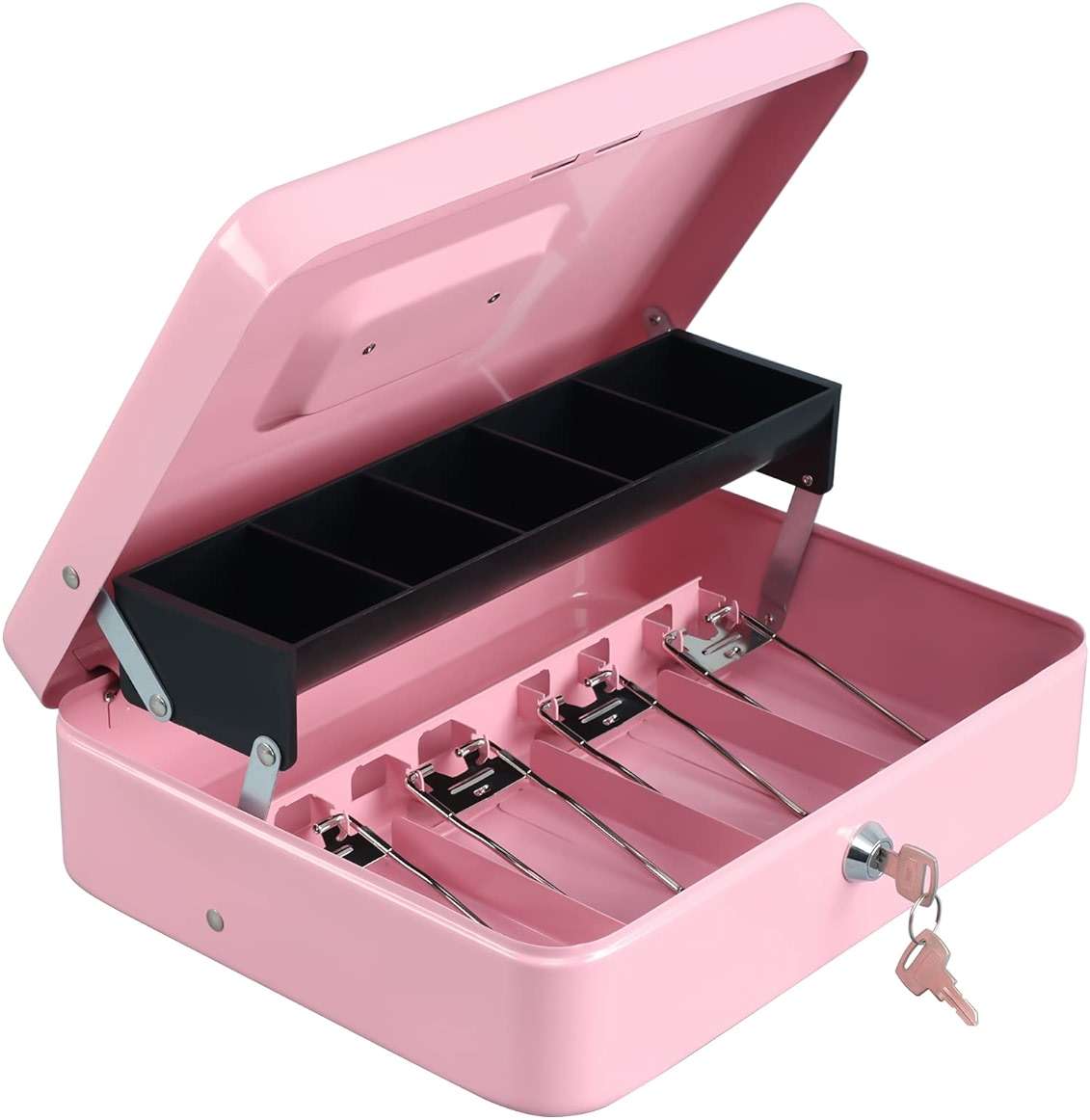 xydled Cash Box with Money Tray and Key Lock,Tiered, Cantilever Design,4 Bill / 5 Coin Slots,11.8" x 9.5" x 3.5",Pink - Image 8