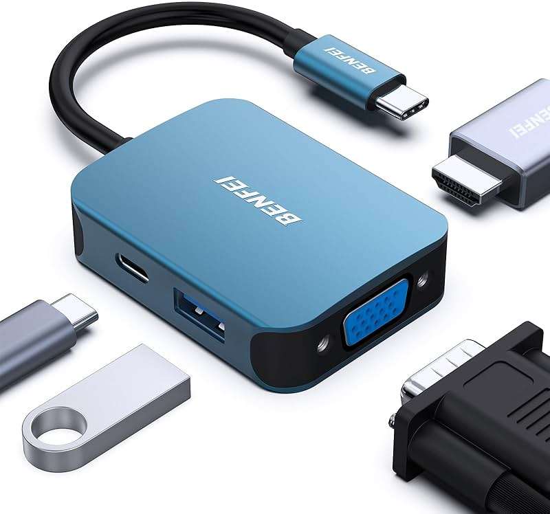 BENFEI USB C HUB 4-in-1, USB Type-C to HDMI VGA Adapter, USB C to USB Adapter, USB Type-C Power Delivery, Compatible with iPhone 15 Pro/Max, MacBook Pro/Air 2023, iPad Pro, iMac, S23, XPS 17 - Image 1