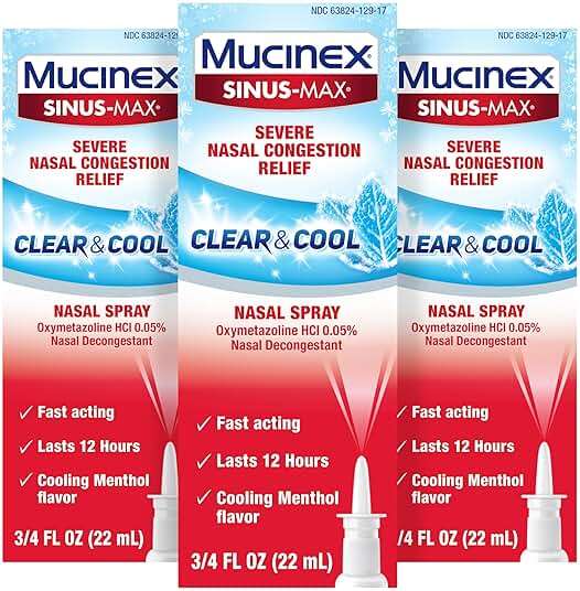 Mucinex Sinus-Max Nasal Spray Decongestant, 12 Hour Over-The-Counter Medication Nose Spray for Sinus Relief, Nasal Decongestants for Adults, Cooling Menthol, 0.75 Fl Oz (Pack of 3) - Image 1