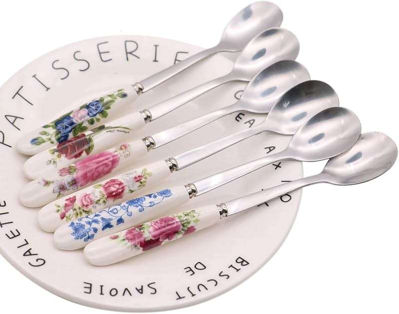 6 Pack Stainless Steel Coffee Spoon Ceramic Handle Teaspoon Sugar Ice Cream Desert Spoon Stirring Soup Tableware - Image 3