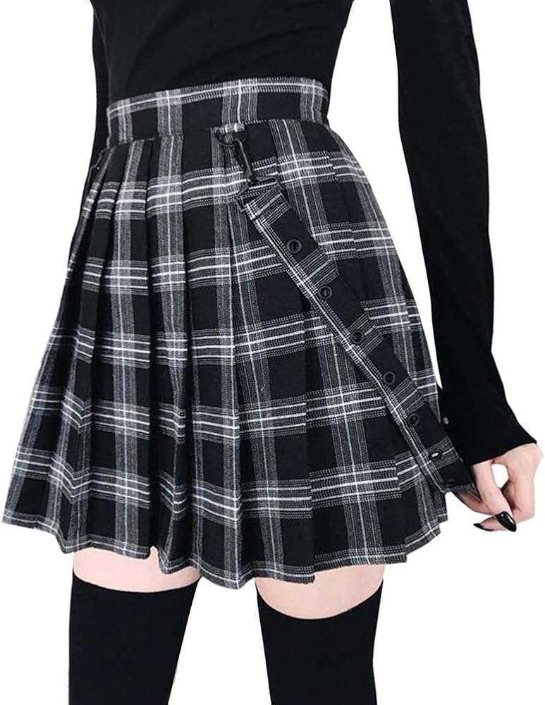 chouyatou Women's Cool Sweet A-Line Decorative Strap Plaid Pleated Mini Skirt - Image 1
