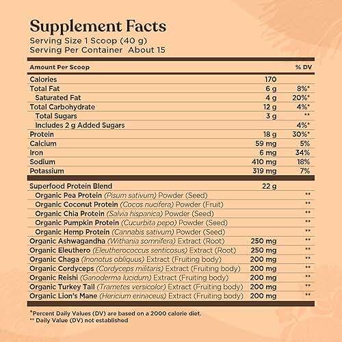 Four Sigmatic Organic Plant-Based Protein Powder | Clean Vegan Protein Elevated with Lion’s Mane, Chaga, Cordyceps and More for Brain Function and Immune Support | Creamy Cacao, 21.16 oz - Image 3
