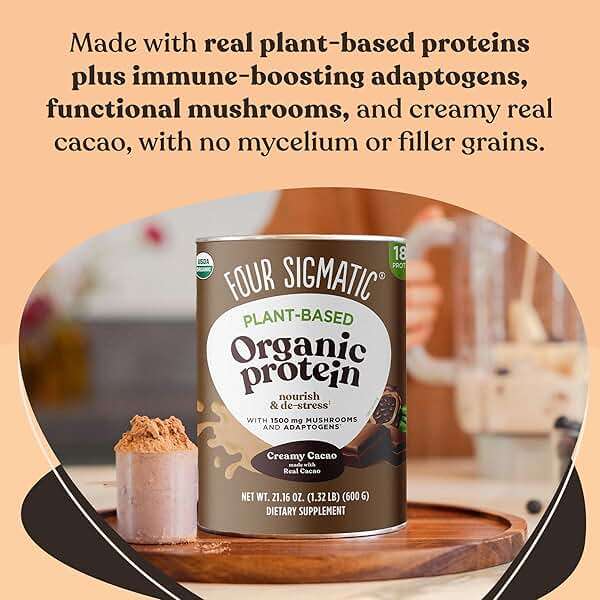 Four Sigmatic Organic Plant-Based Protein Powder | Clean Vegan Protein Elevated with Lion’s Mane, Chaga, Cordyceps and More for Brain Function and Immune Support | Creamy Cacao, 21.16 oz - Image 4