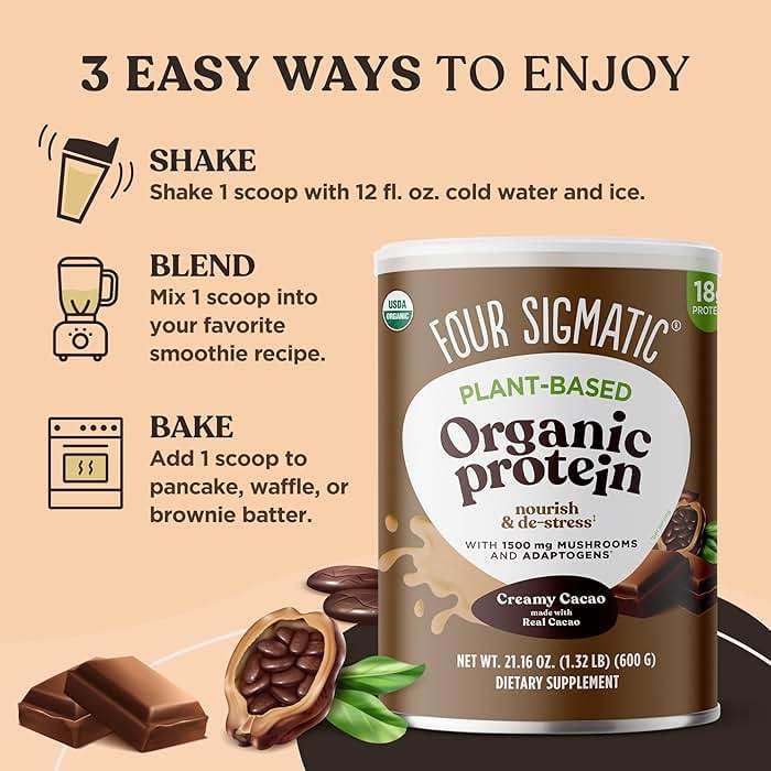Four Sigmatic Organic Plant-Based Protein Powder | Clean Vegan Protein Elevated with Lion’s Mane, Chaga, Cordyceps and More for Brain Function and Immune Support | Creamy Cacao, 21.16 oz - Image 7