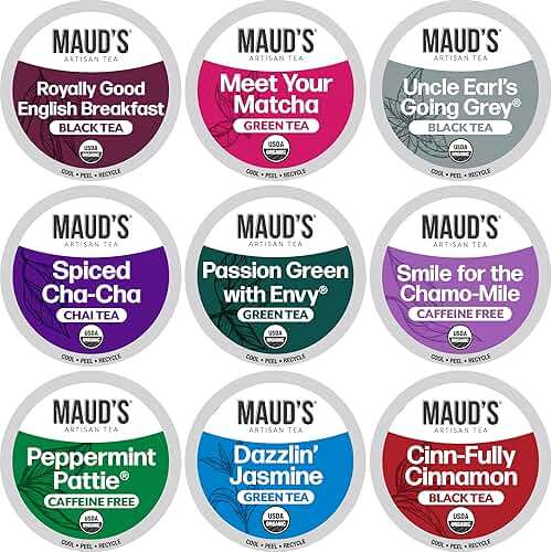 Maud's 9 Blend Organic Tea Pods Variety Pack, 48 ct, 9 Assorted Flavors, Single Serve Pods –100% Gourmet Blended Tea Leaves, Compatible with Keurig K Cups Maker - Image 1