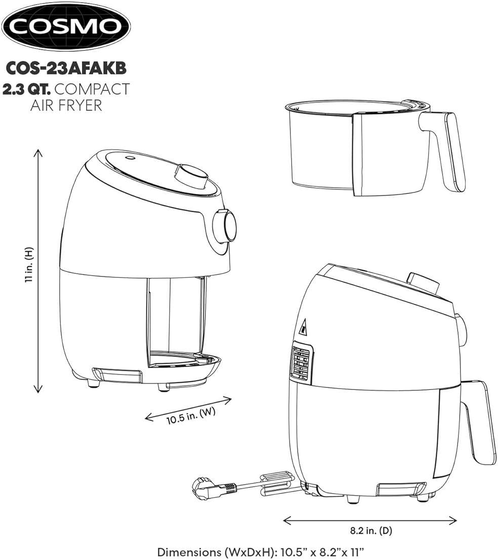 COSMO COS-23AFAKB 2.3 Quart Electric Small Air Fryer with Temperature Control, Timer, Auto Shut-Off, Non-Stick Frying Tray, 1000W Compact Mini Air Fryer (2.3 Quarts, Stainless Steel/Black) - Image 3