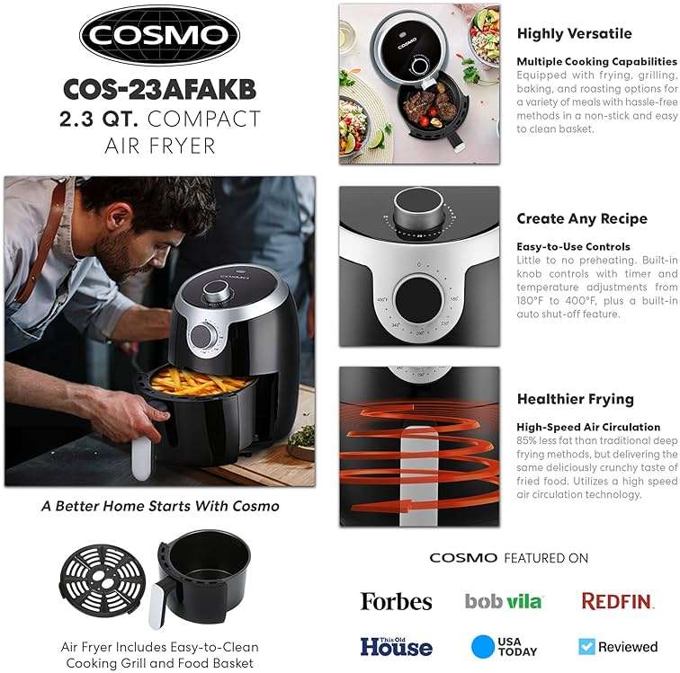 COSMO COS-23AFAKB 2.3 Quart Electric Small Air Fryer with Temperature Control, Timer, Auto Shut-Off, Non-Stick Frying Tray, 1000W Compact Mini Air Fryer (2.3 Quarts, Stainless Steel/Black) - Image 4