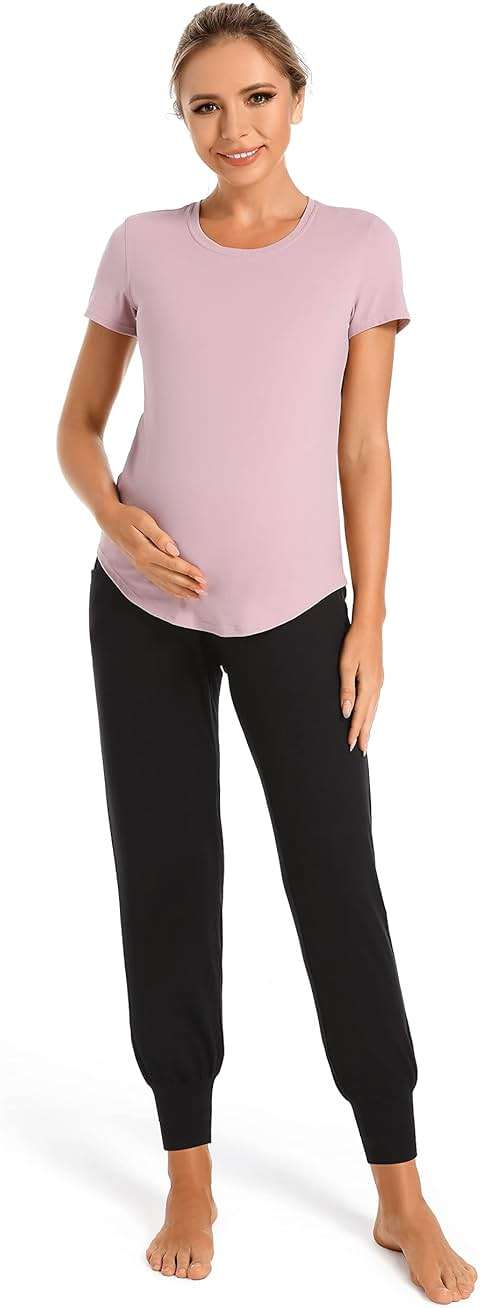 V VOCNI Women's Maternity Pants Maternity Activewear Jogger Track Cuff Sweatpants Over The Belly Stretchy Pregnancy Pants - Image 5