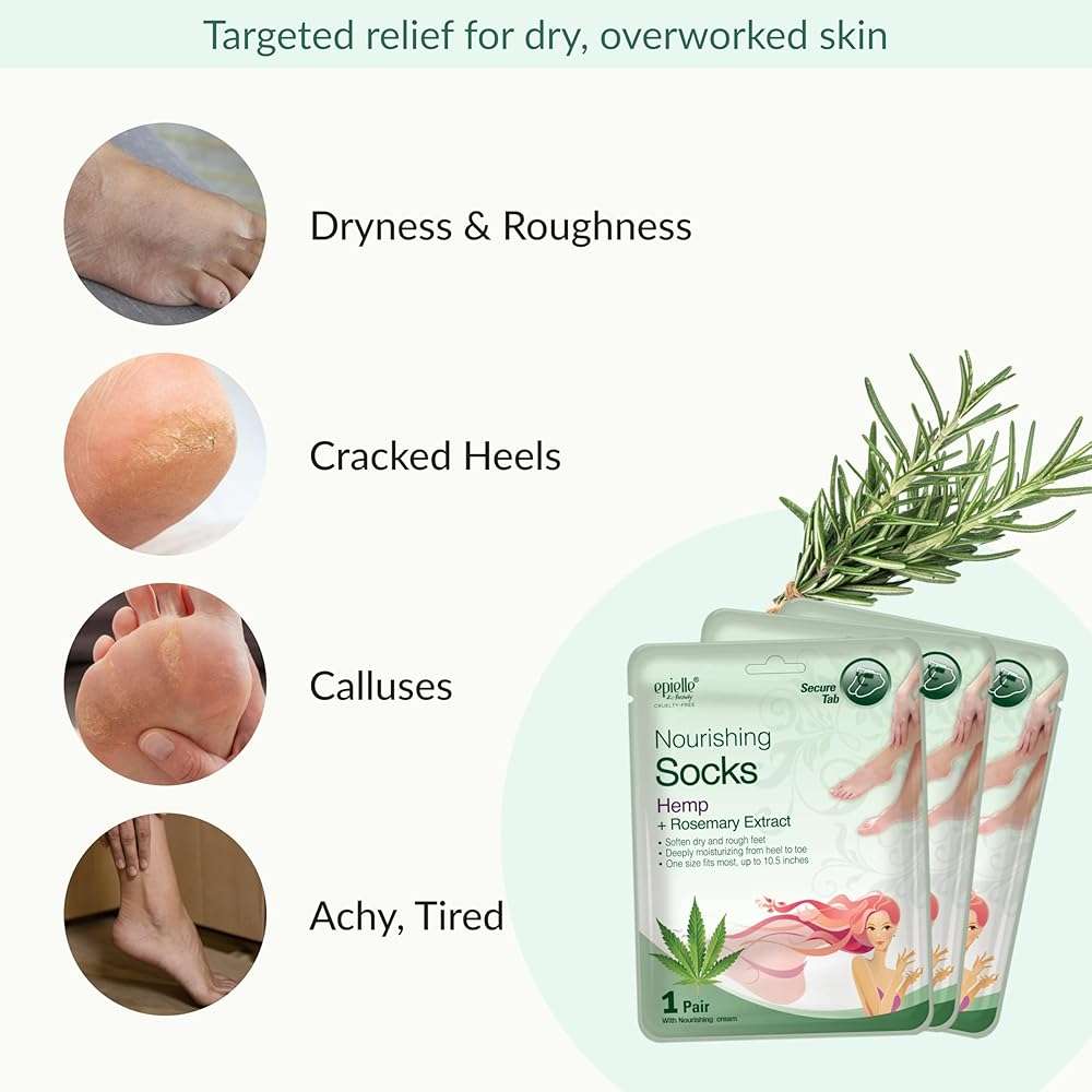 Epielle Nourishing Foot Mask 6 Pairs, Repair and Soften with Hemp & Rosemary Extract, Deep Moisturizing Socks for Dry, Cracked Feet, Self Care Gifts for Women, Spa Kit - Image 5