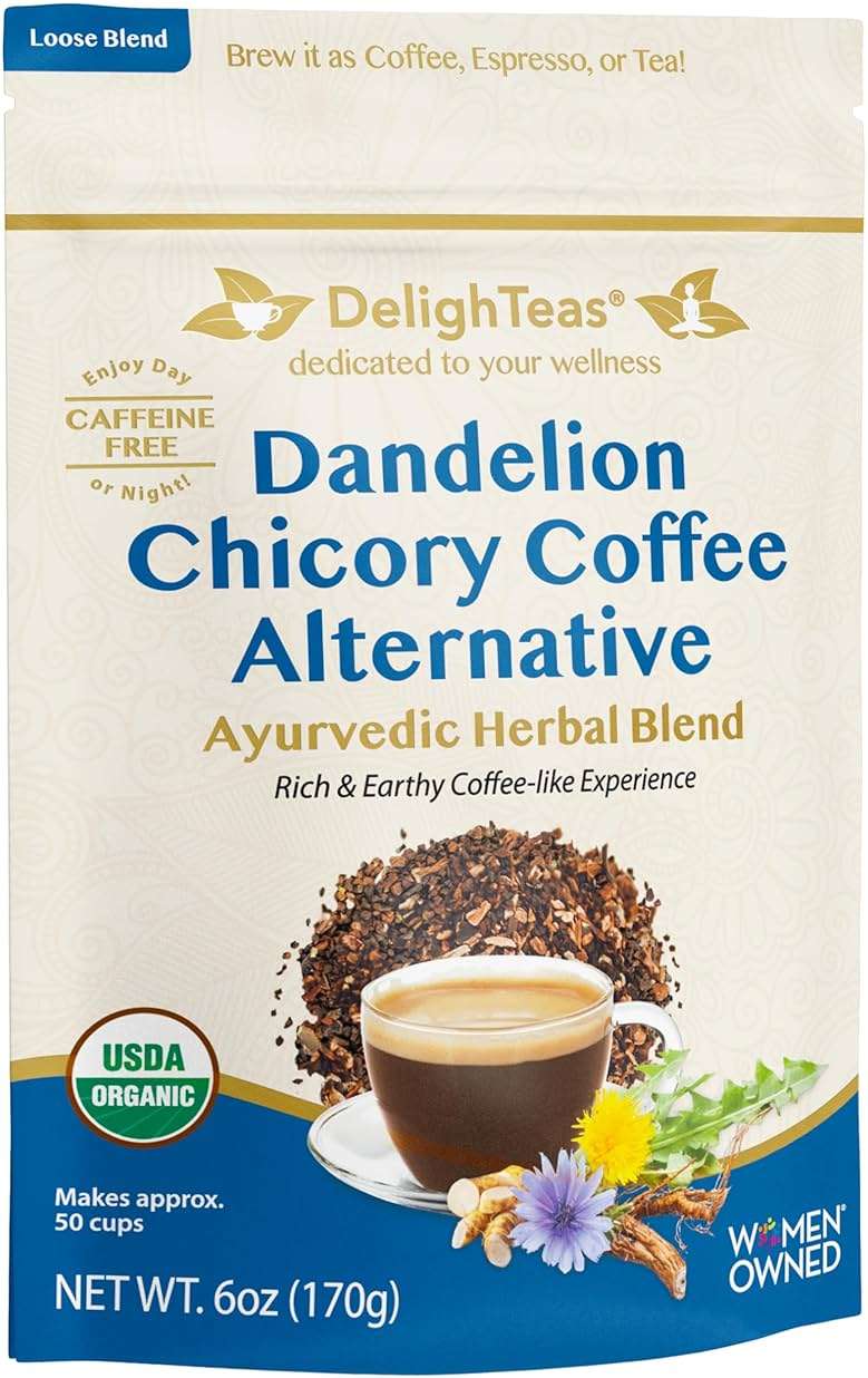 DelighTeas Organic Coffee Alternative | Ayurvedic Herbal Chicory Dandelion Coffee | Coffee Substitute | USDA Organic, Caffeine Free, Gluten Free | With Sweet Notes of Carob | 50 servings, 6oz. - Image 1