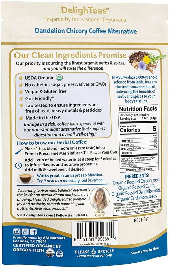 DelighTeas Organic Coffee Alternative | Ayurvedic Herbal Chicory Dandelion Coffee | Coffee Substitute | USDA Organic, Caffeine Free, Gluten Free | With Sweet Notes of Carob | 50 servings, 6oz. - Image 2