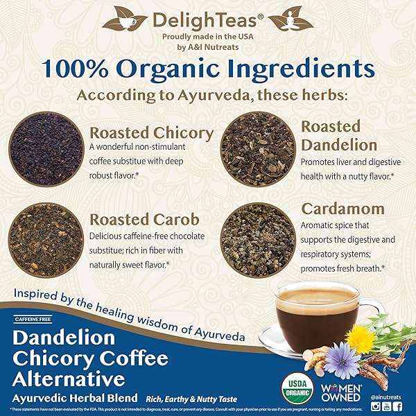 DelighTeas Organic Coffee Alternative | Ayurvedic Herbal Chicory Dandelion Coffee | Coffee Substitute | USDA Organic, Caffeine Free, Gluten Free | With Sweet Notes of Carob | 50 servings, 6oz. - Image 3