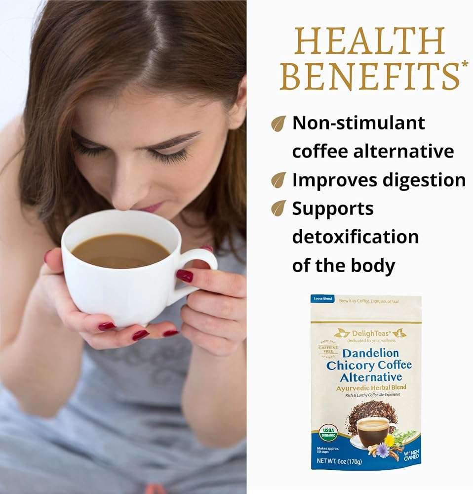 DelighTeas Organic Coffee Alternative | Ayurvedic Herbal Chicory Dandelion Coffee | Coffee Substitute | USDA Organic, Caffeine Free, Gluten Free | With Sweet Notes of Carob | 50 servings, 6oz. - Image 4