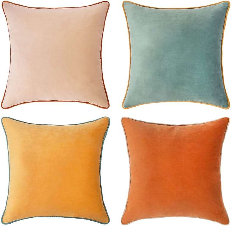 MONDAY MOOSE Decorative Throw Pillow Covers Cushion Cases, Set of 4 Soft Velvet Modern Double-Sided Designs, Mix and Match for Home Decor, Pillow Inserts Not Included (18x18 inch, Orange/Teal) - Image 1