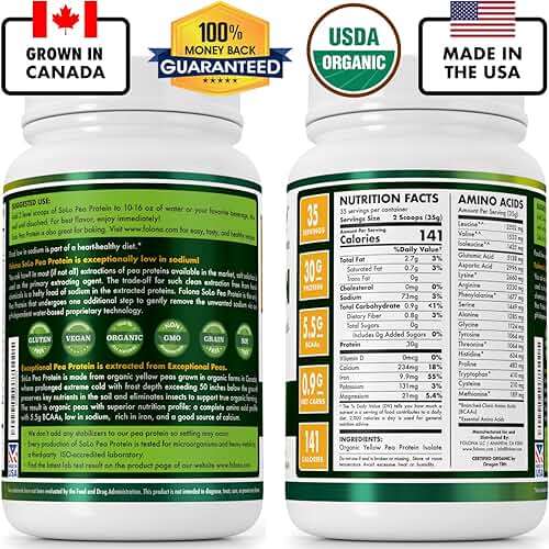 SOLO Organic Pea Protein Isolate, Low in Sodium, Canada Grown Peas, 100% Vegan, Non-GMO, Unflavored Plant Based Protein Powder with BCAA, Keto & Paleo Friendly, Easy to Digest, No Additives (2.7 lbs) - Image 2