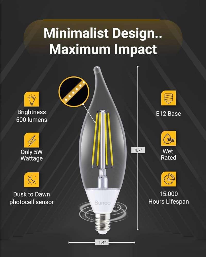 10 Pack Dusk to Dawn Candelabra CA11 LED Light Bulbs Outdoor, 5W Equivalent 40W, CRI90 2700K White, Candle Flame Tip, Photocell Sensor, Decorative Filament, 500 Lumens, E12 Base UL - Image 3