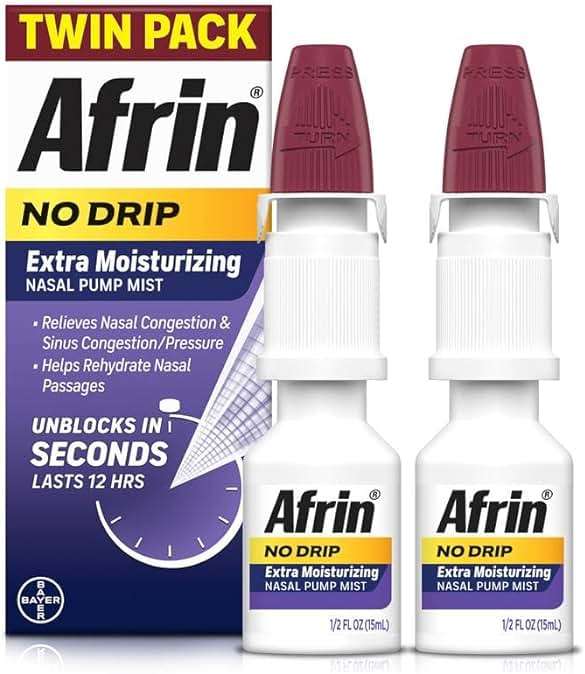 Afrin No Drip Extra Moisturizing Nasal Mist Twin Pack, Non-Drowsy, Fast-Acting Decongestant for Sinus Pressure and Dry Nasal Passages, Adults and Children 6 and Older, .5 fl oz (Pack of 2) - Image 1
