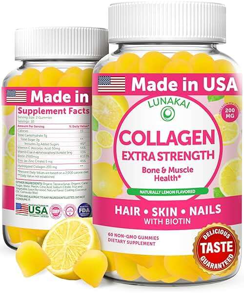 Lunakai USA Made Collagen Peptides Gummies - 200mg Non-GMO Anti-Aging Formula with Biotin, Zinc, Vitamins C & E for Hair, Skin and Nails, 60ct - Image 1