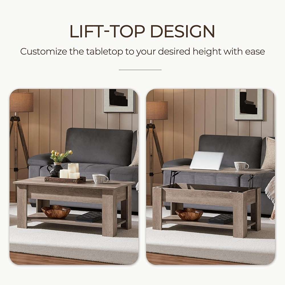 Yaheetech Lift Top Coffee Table with Hidden Compartment and Storage Shelf, Rising Tabletop Dining Table for Living Room Reception Room, 38.6in L, Grey - Image 4
