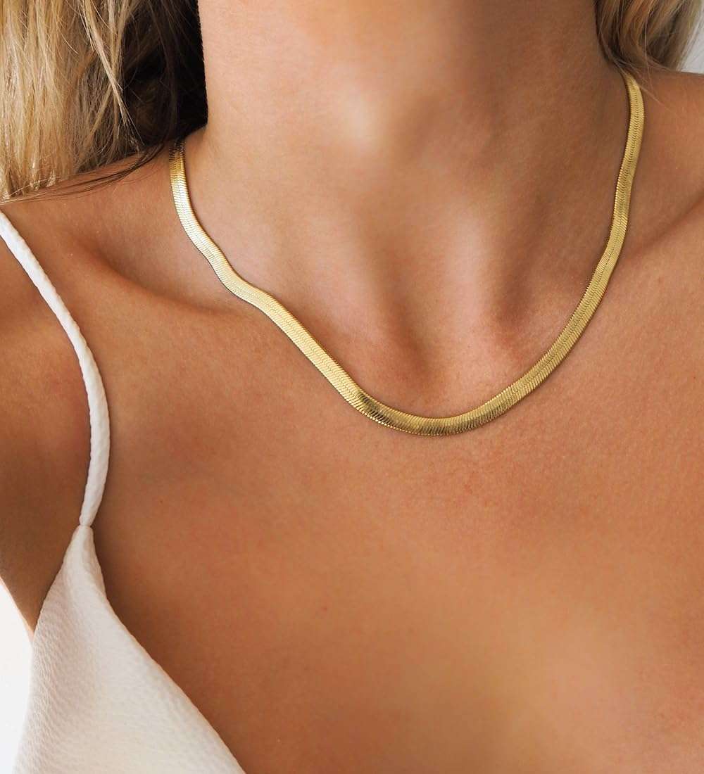 CHESKY Gold Necklace for Women-14K Plated/S925 sterling silver Snake Chain Necklace Dainty Simple Chunky Herringbone Necklace Gold Choker Necklaces Jewelry for Women Mothers Day Gifts for Mom - Image 2