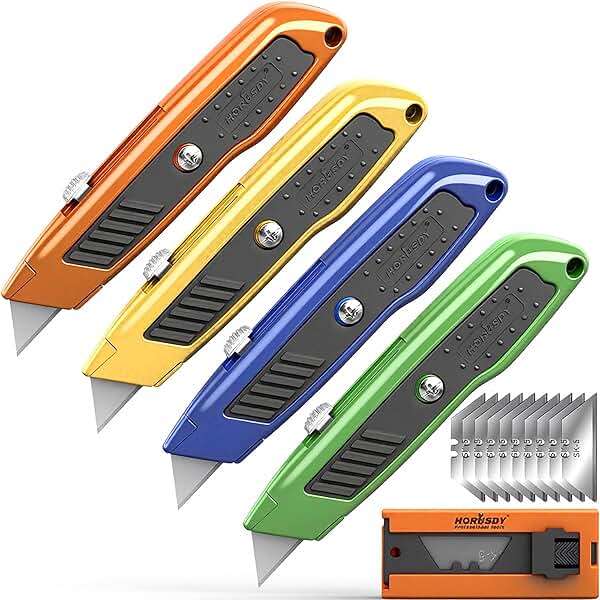 HORUSDY 4-Pack Box Cutter Utility Knife, Heavy Duty Aluminum Shell Retractable Box Cutter for Cardboard, Boxes and Cartons, Extra 10 Blades - Image 1