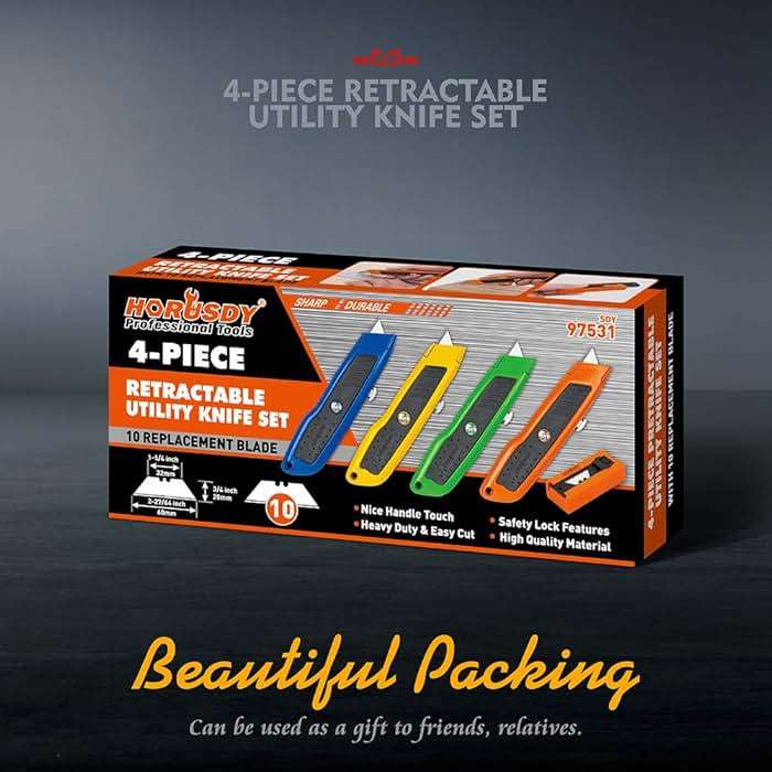 HORUSDY 4-Pack Box Cutter Utility Knife, Heavy Duty Aluminum Shell Retractable Box Cutter for Cardboard, Boxes and Cartons, Extra 10 Blades - Image 2