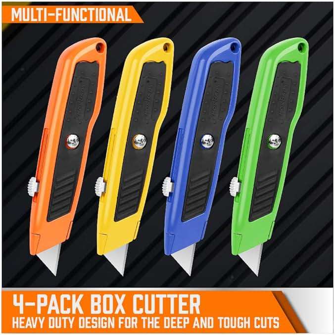 HORUSDY 4-Pack Box Cutter Utility Knife, Heavy Duty Aluminum Shell Retractable Box Cutter for Cardboard, Boxes and Cartons, Extra 10 Blades - Image 3