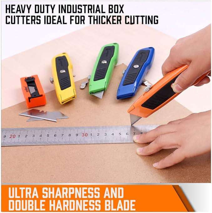 HORUSDY 4-Pack Box Cutter Utility Knife, Heavy Duty Aluminum Shell Retractable Box Cutter for Cardboard, Boxes and Cartons, Extra 10 Blades - Image 8