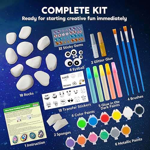 Rock Painting Kit- Glow in The Dark Rock Kit, Arts and Crafts for Kids Ages 6-12, Art Supplies Toy, Kids Craft Paint Kits, Arts & Crafts for Boys Girls Birthday Party Gift Toy - Image 4