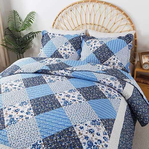 HoneiLife Quilt Set King Size - 3 Piece Microfiber Quilts Reversible Bedspreads Patchwork Coverlets Floral Bedding Set All Season Quilts with Blue and White Porcelain Pattern - Image 4