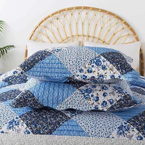HoneiLife Quilt Set King Size - 3 Piece Microfiber Quilts Reversible Bedspreads Patchwork Coverlets Floral Bedding Set All Season Quilts with Blue and White Porcelain Pattern - Image 5