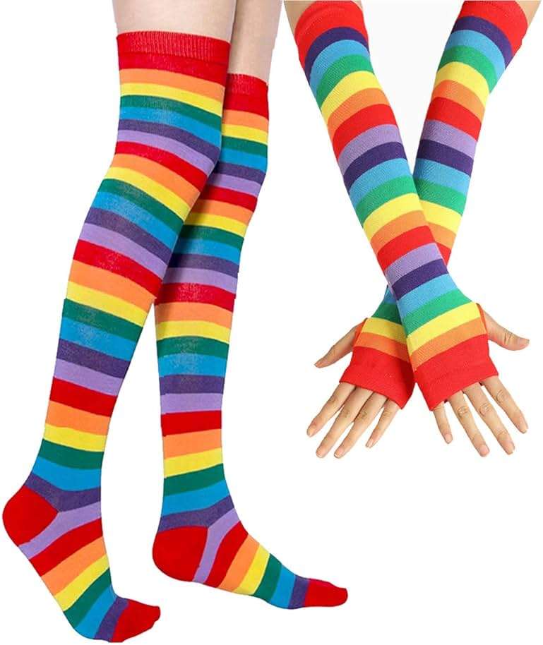 YELAIVP Over Knee Rainbow Thigh High Socks Gloves Set Cosplay Accessories Arm Leg Warmers for Girls - Image 1