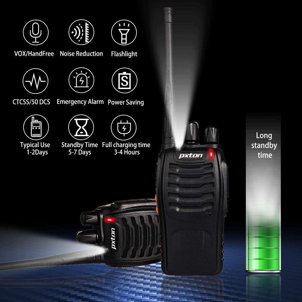 pxton Walkie Talkies Rechargeable Long Range Two-Way Radios with Earpieces,2-Way Radios UHF Handheld Transceiver Walky Talky with Flashlight Li-ion Battery and Charger（2 Pack） - Image 2