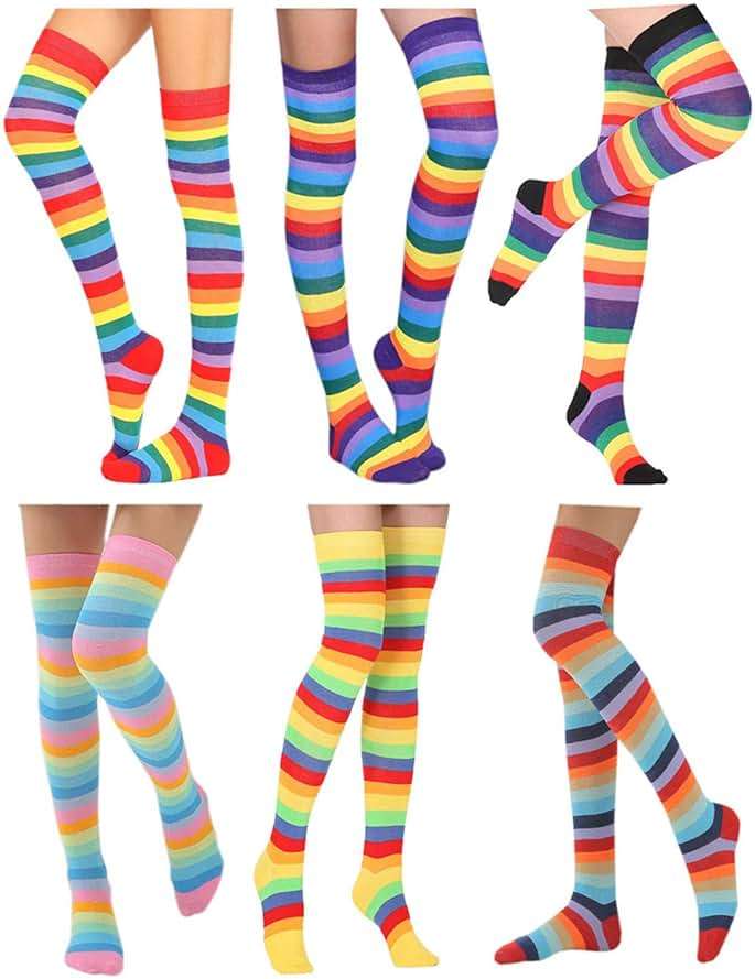 Awlsyj 6 Pair Rainbow Stripes Knee High Socks Long Thigh Socks Halloween Witch Cosplay Stocking Women Girls - Image 1