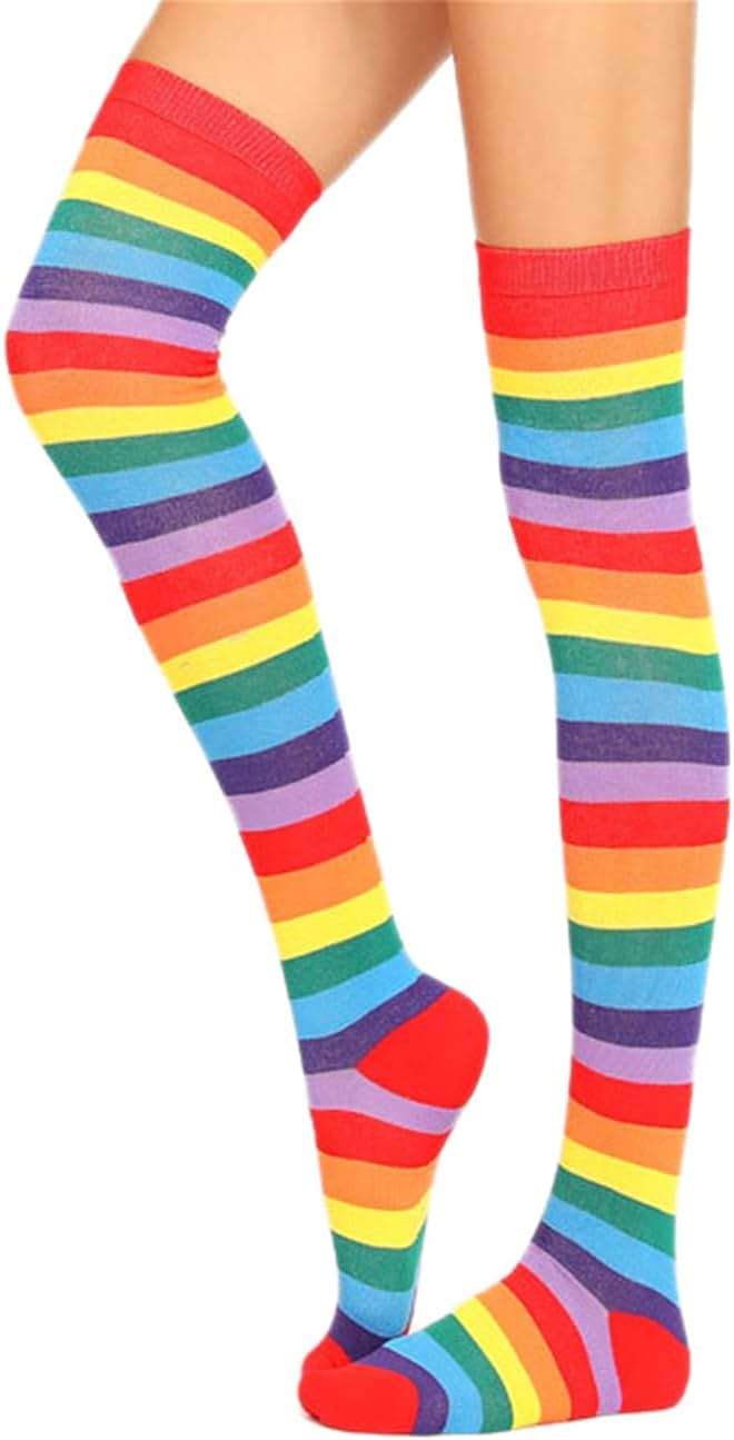 Awlsyj 6 Pair Rainbow Stripes Knee High Socks Long Thigh Socks Halloween Witch Cosplay Stocking Women Girls - Image 2